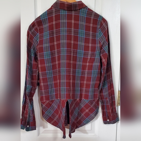 Lucky Brand NWT women's burgendy & greens plaid long sleeve button shirt sz XS - Picture 6 of 14